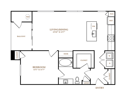 Floor plan for 1 bed, 1 bath, 875 sqft